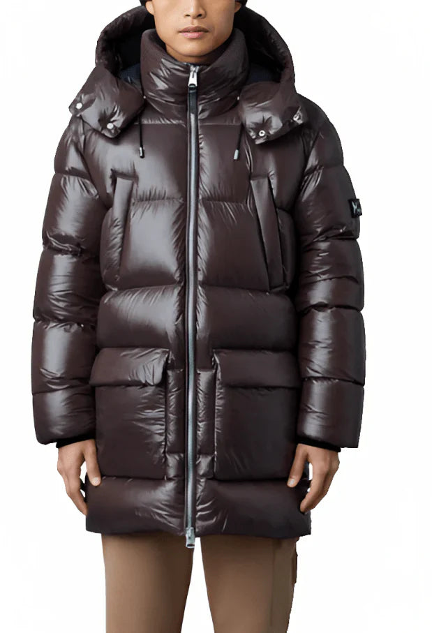 Men's Trench Puffer Coat in Chocolate Brown With Removable Hood
