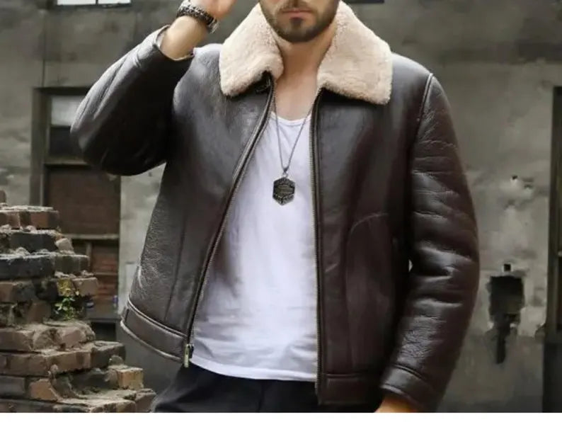 Handmade Men’s Coffee Brown Shearling Aviator Leather Jacket – B3 Bomber Winter Coat