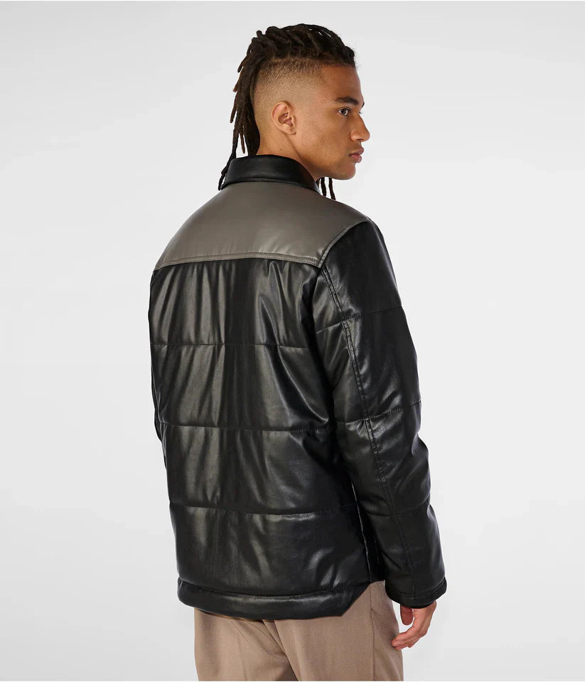 Men's Leather Puffer Jacket in Black & Gray With Removable Shearling Collar