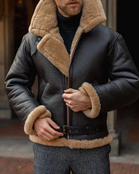 Men's Aviator Fur Sheepskin Leather Jacket in Black