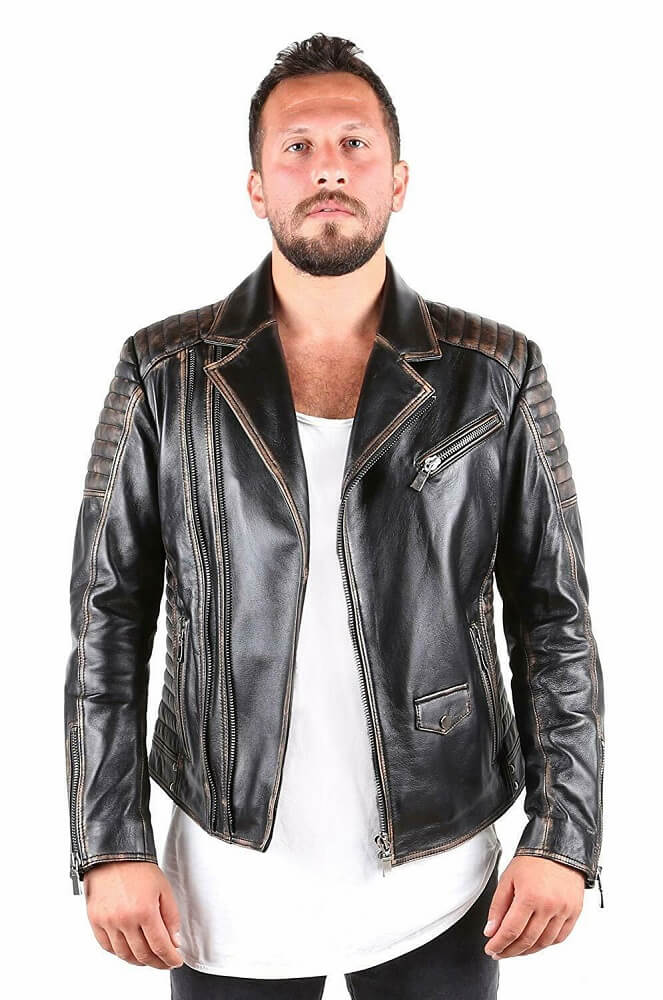 Men's Biker Distressed Leather Jacket in Black