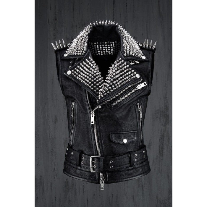 Men's Black Studded Leather Biker Vest