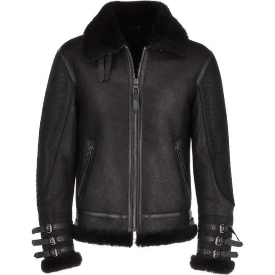 Men's Black Aviator Shearling Leather Bomber Jacket