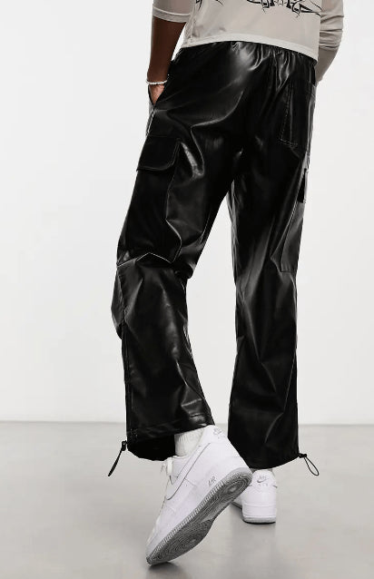 Men's Black Cargo Leather Pants