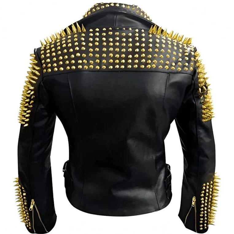 Men’s Black Biker Leather Jacket with Gold Studs – Luxe Rebel Style