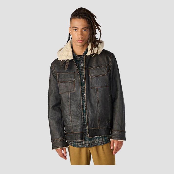Black Vintage Shearling Leather Jacket with Removable Hood