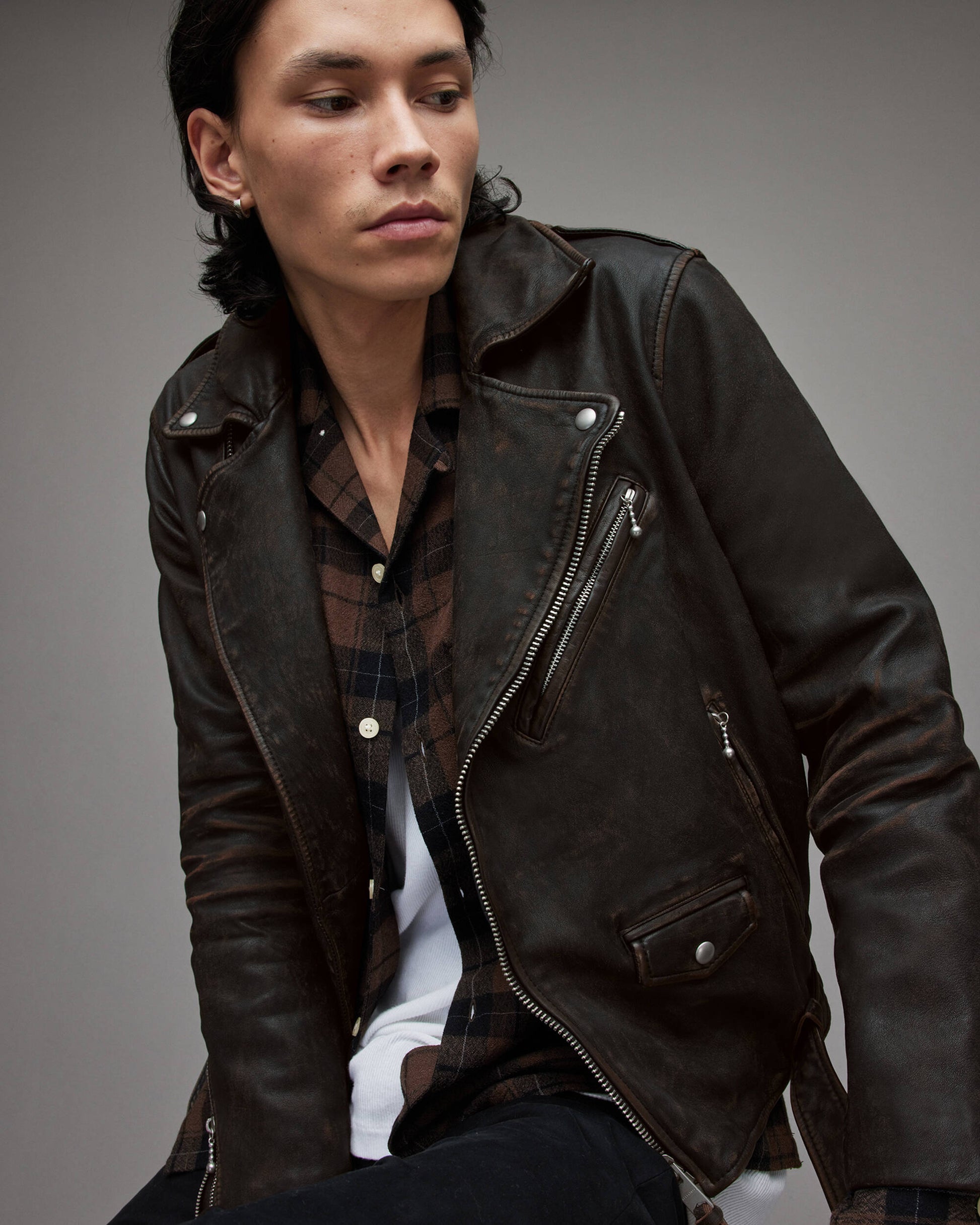 Men's Black Distressed Leather Biker Jacket