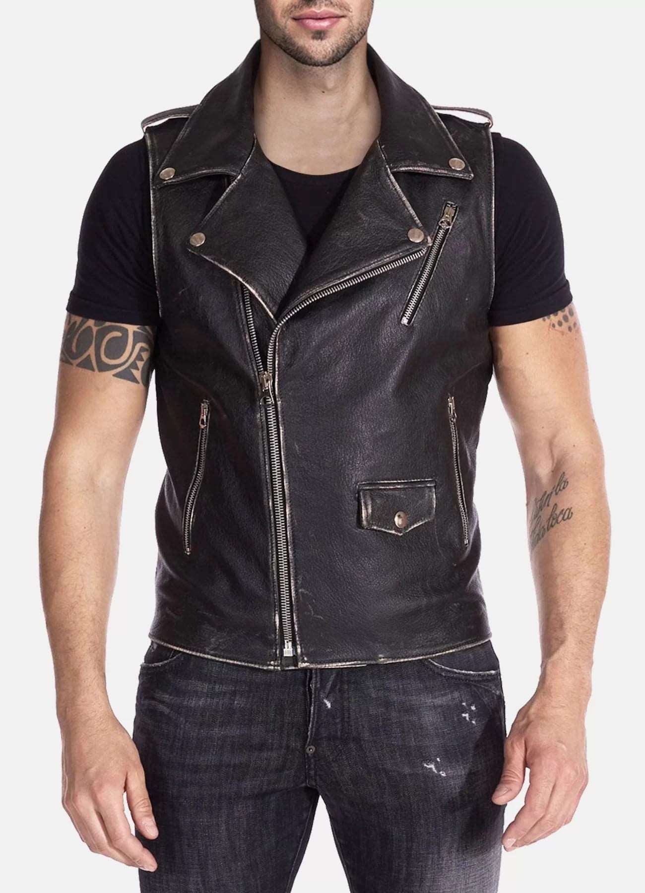 Distressed Black Leather Biker Vest