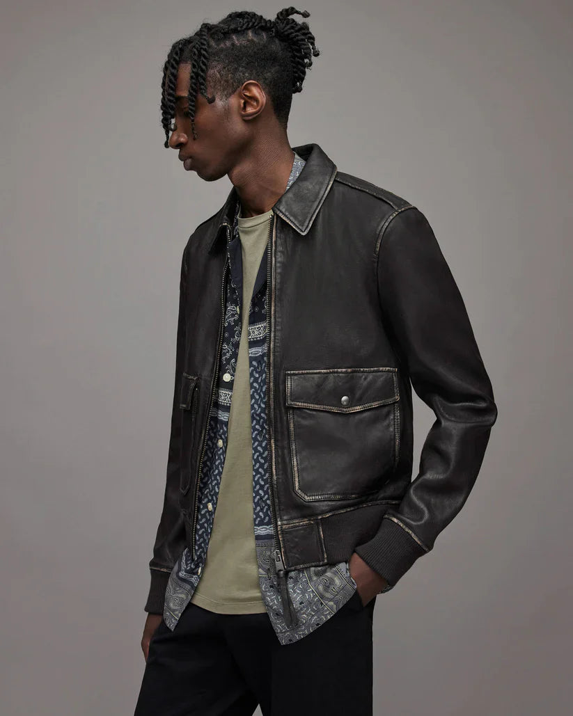 Men's Distressed Leather Bomber Harrington Jacket in Black