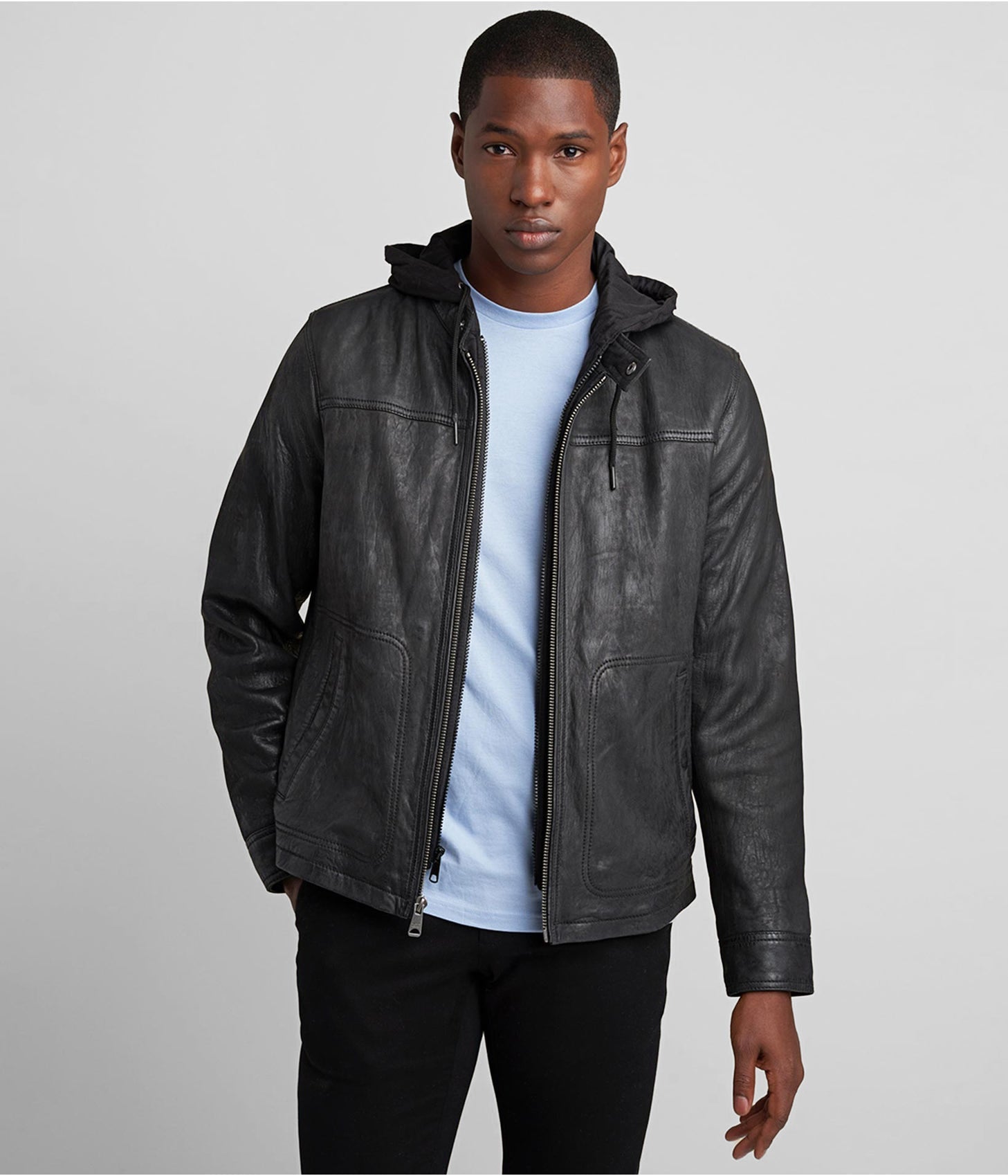 Men’s Black Distressed Leather Jacket with Hood – Rugged & Stylish