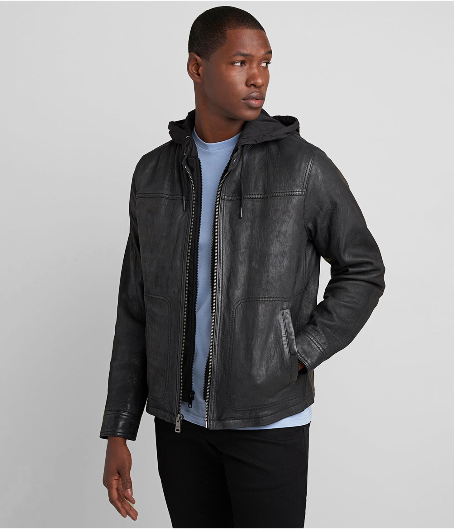 Men’s Black Distressed Leather Jacket with Hood – Rugged & Stylish