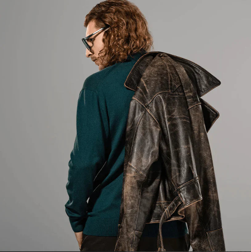 Men's Black Distressed Leather Vintage Jackets with Belt