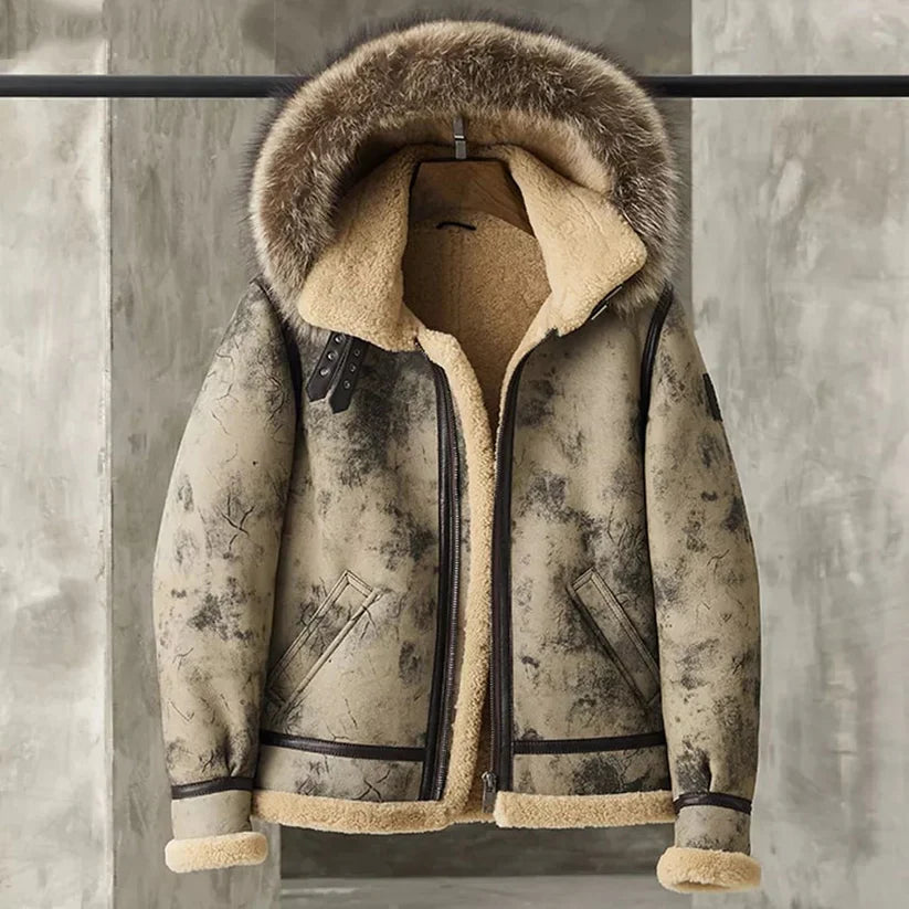 Men's Distressed Shearling Leather Jacket With Fur Hooded