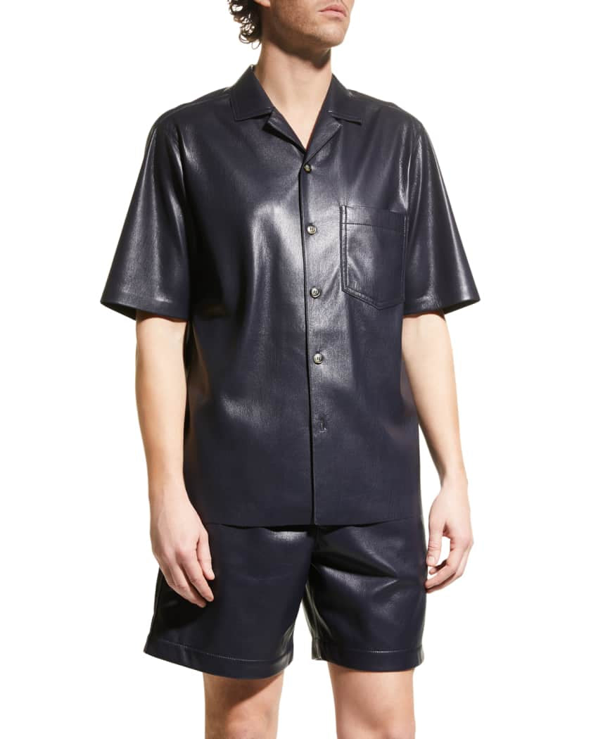 Men's Navy Blue Half-Sleeve Leather Shirt
