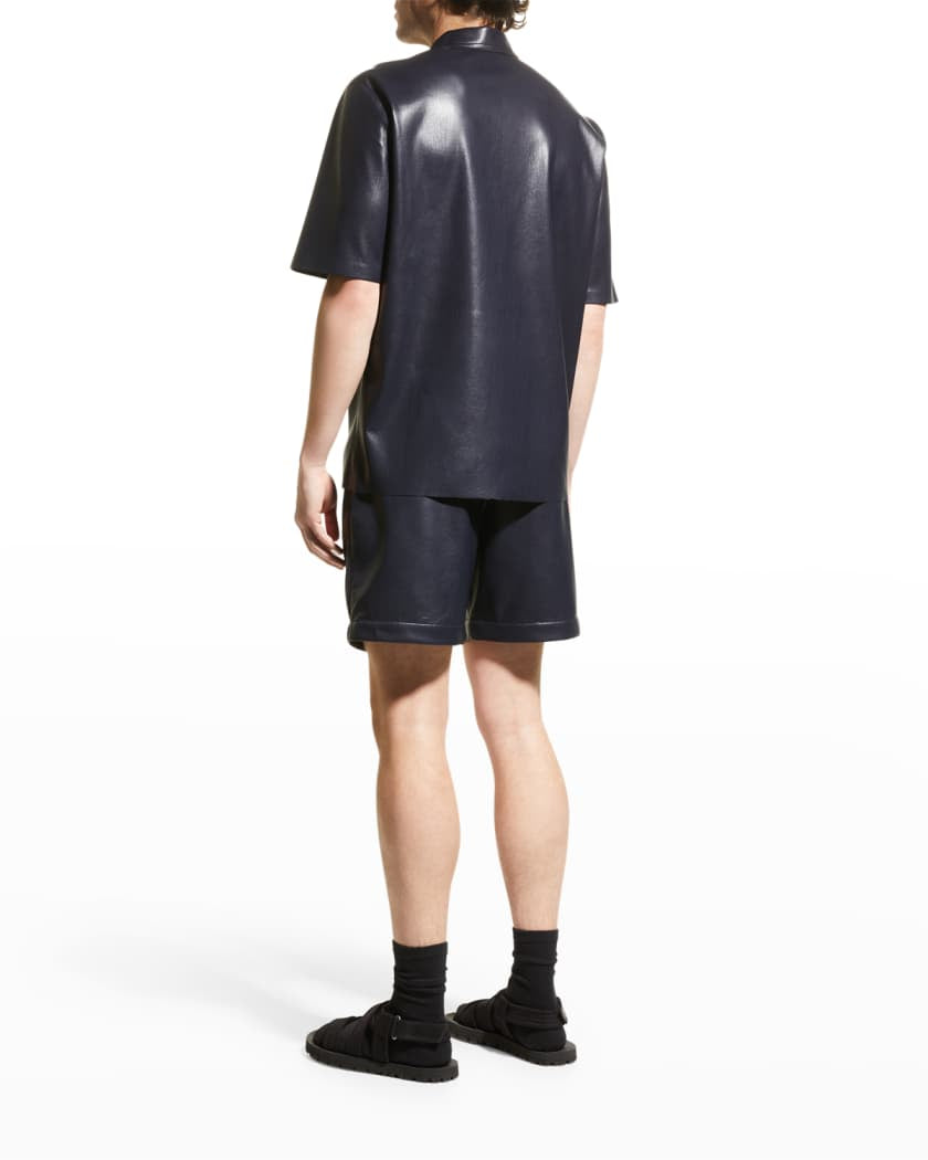 Men's Navy Blue Half-Sleeve Leather Shirt