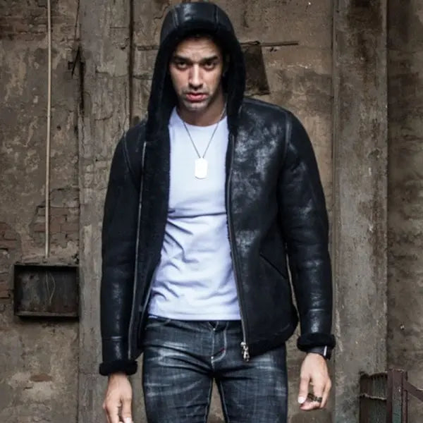 Men's Hooded Shearling Leather Jacket in Black