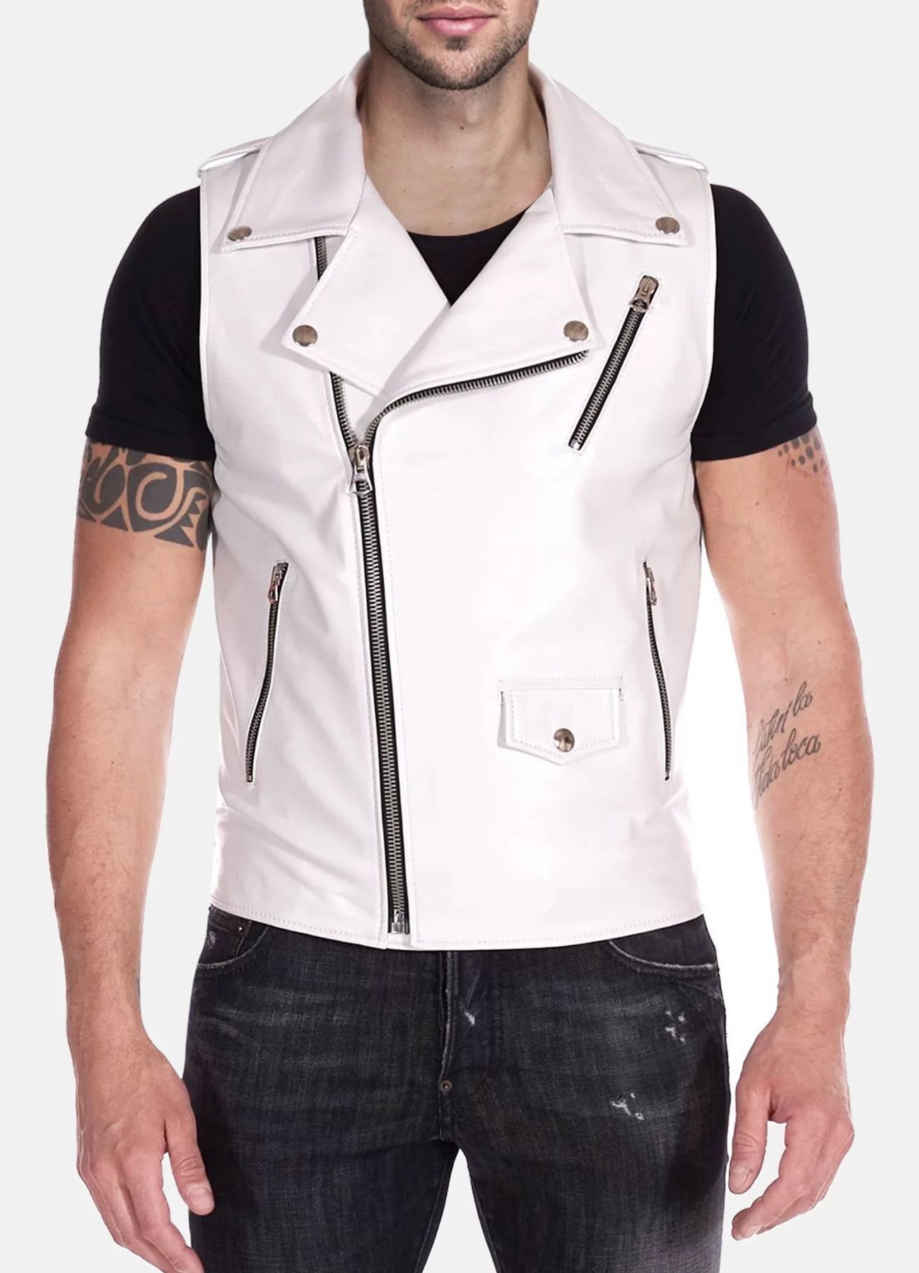 Classic White Leather Biker Vest