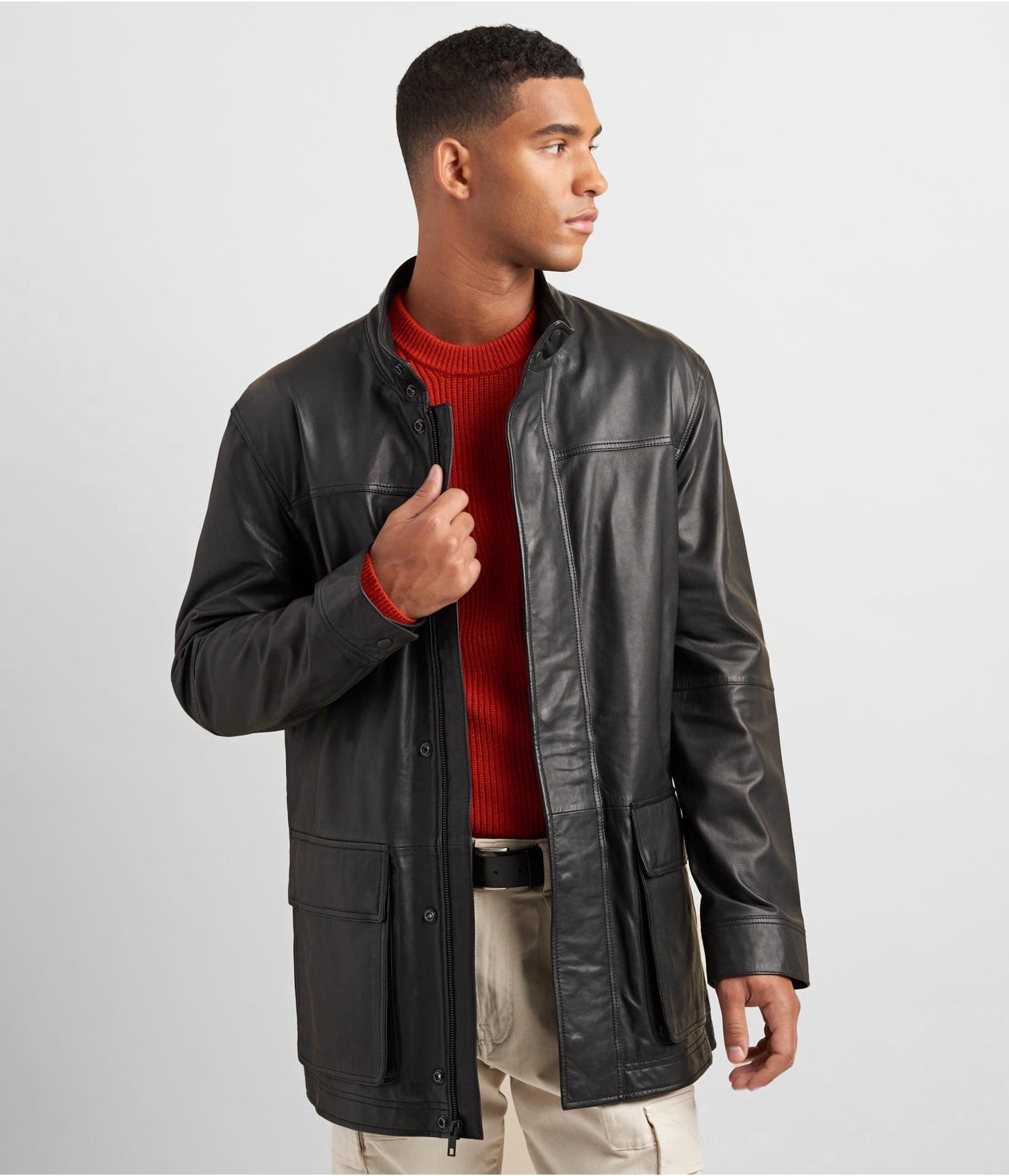 Men’s Black Leather Coat with Patch Pockets