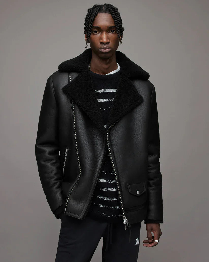 Men's Leather Shearling Biker Jacket in Black