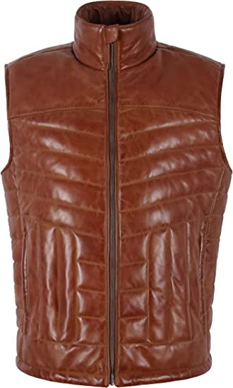 Men's Brown Quilted Puffer Leather Vest