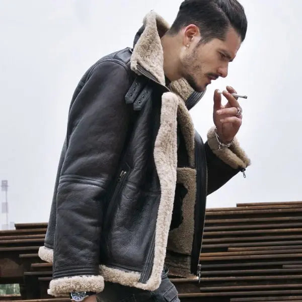 Men's RAF Shearling Fur Leather Jacket in Black