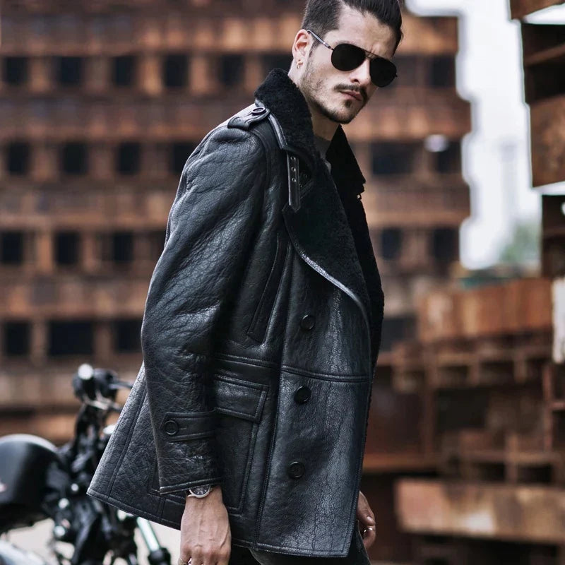 Men's Shearling Fur Leather Coat In Black