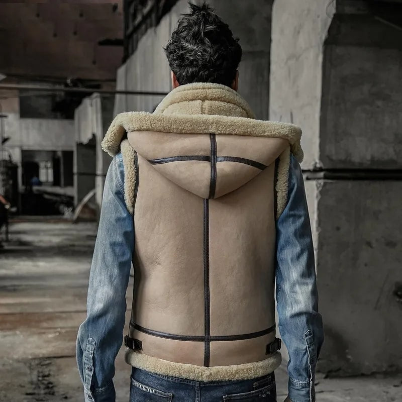 Men’s Beige Shearling Leather Vest – Removable Hood & Winter Warmth