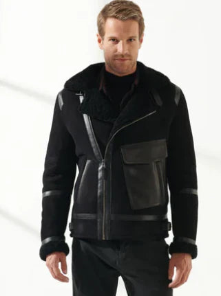 Men's Sheepskin Aviator Biker Leather Jacket In Black