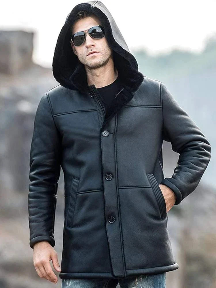 Men's Sheepskin Fur Leather Coat in Black With Hood