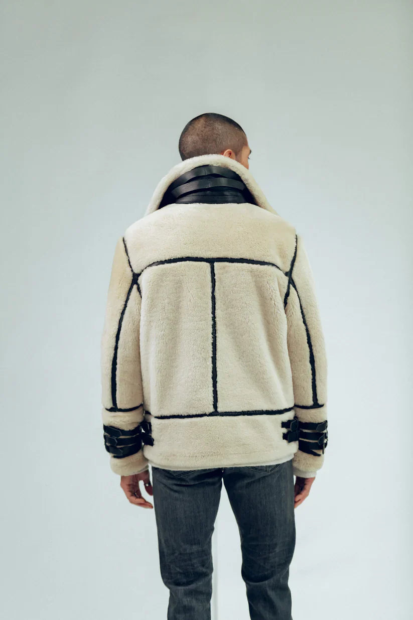 Men's Sheepskin Leather Shearling Jacket in Off White
