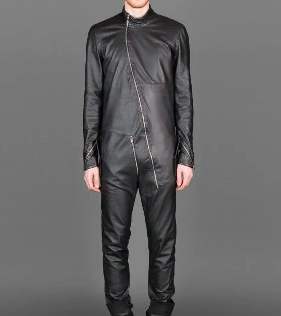 Men's Slim Fit Black Leather Jumpsuit with Front Zip