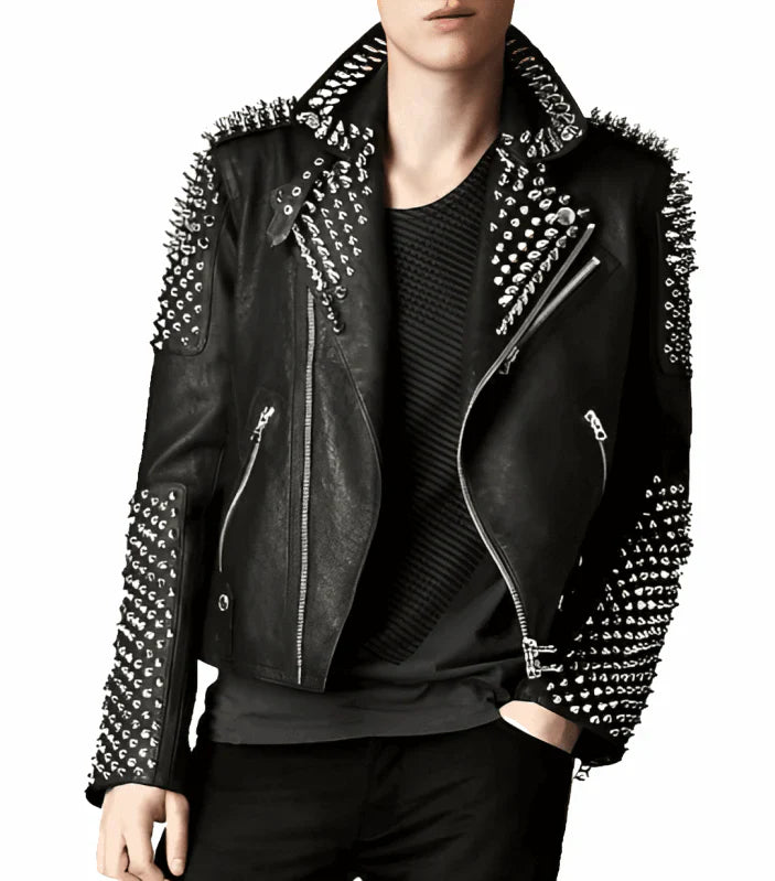 Men's Studded Black Leather Biker Jacket