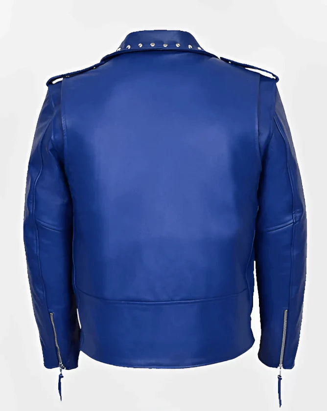 Men's Studded Leather Biker Jacket in Blue
