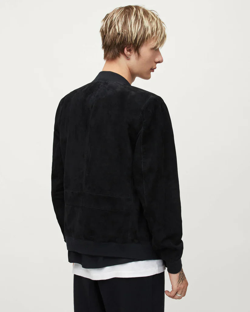 Men's Suede Leather Bomber Jacket in Black