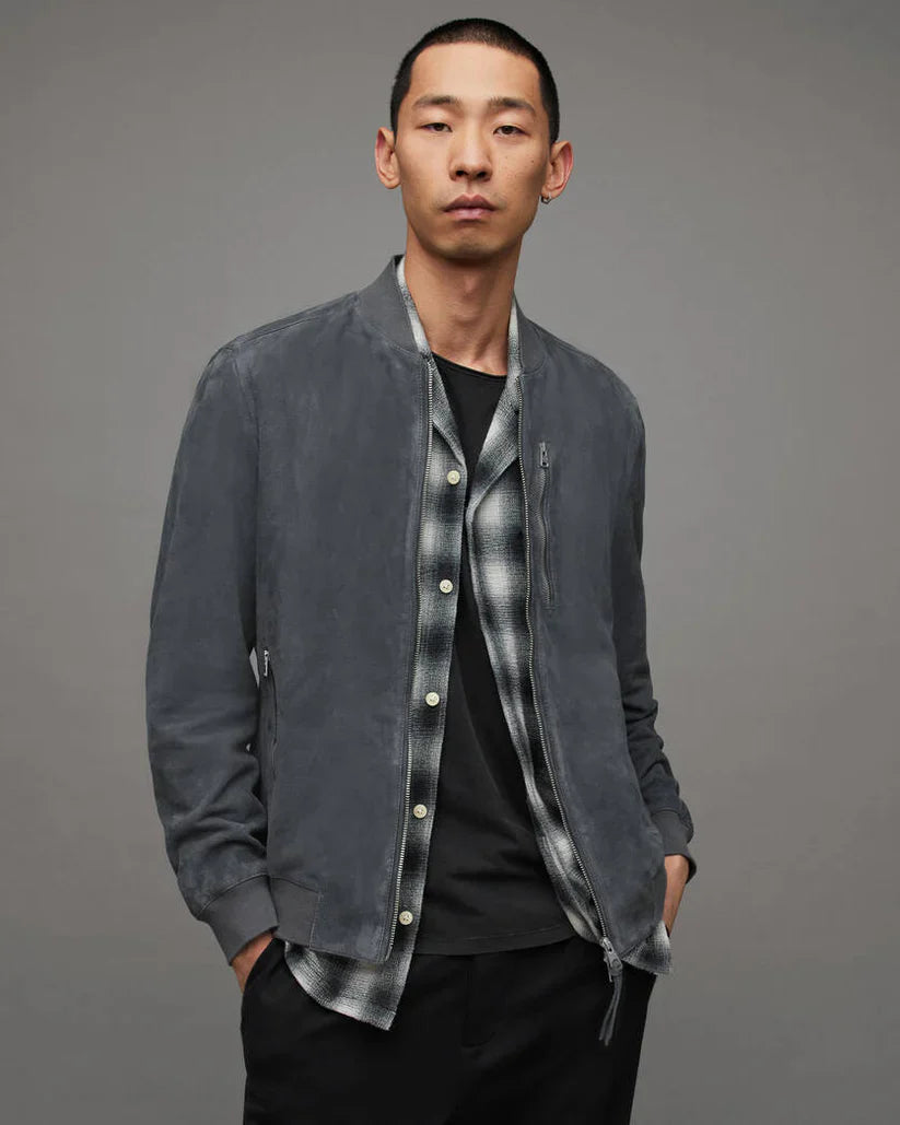 Men's Suede Leather Bomber Jacket in Dark Gray – Arcane