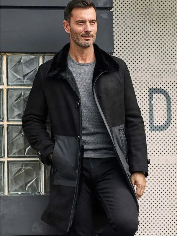 Men's Black Suede Leather Shearling Coat – Timeless & Warm Winter Outerwear