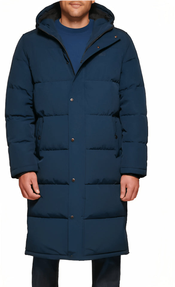 Men's Navy Blue Hooded Trench Puffer Coat – Warm & Stylish Winter Jacket