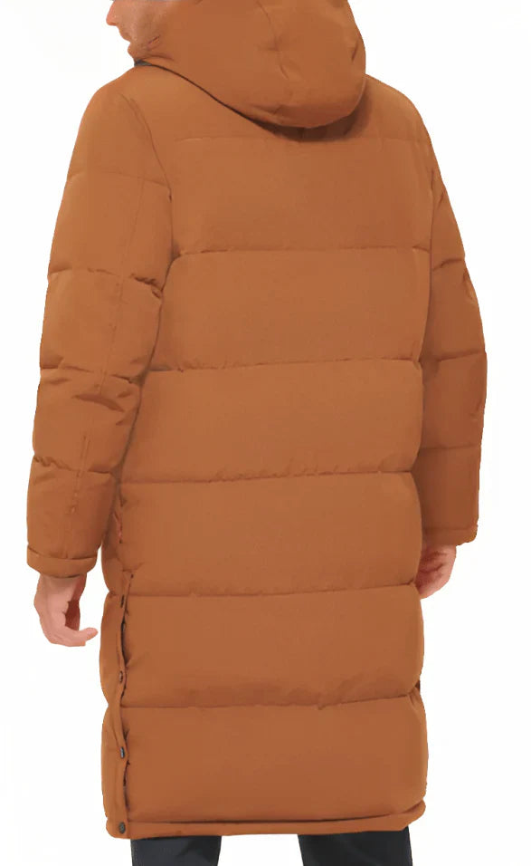 Men's Trench Puffer Coat in Tan With Hood