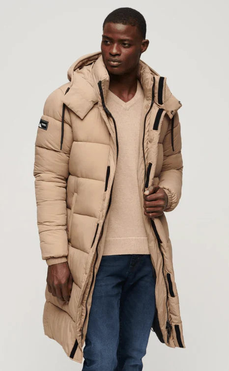 Men's Trench Puffer Hooded Coat In Tan Brown