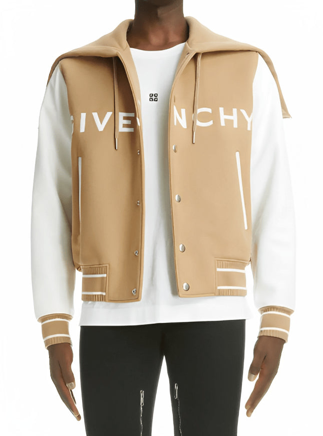 Men’s Beige Varsity Bomber Leather Jacket with White Sleeves