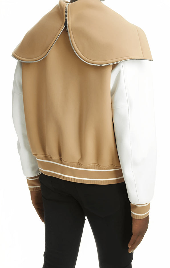 Men’s Beige Varsity Bomber Leather Jacket with White Sleeves