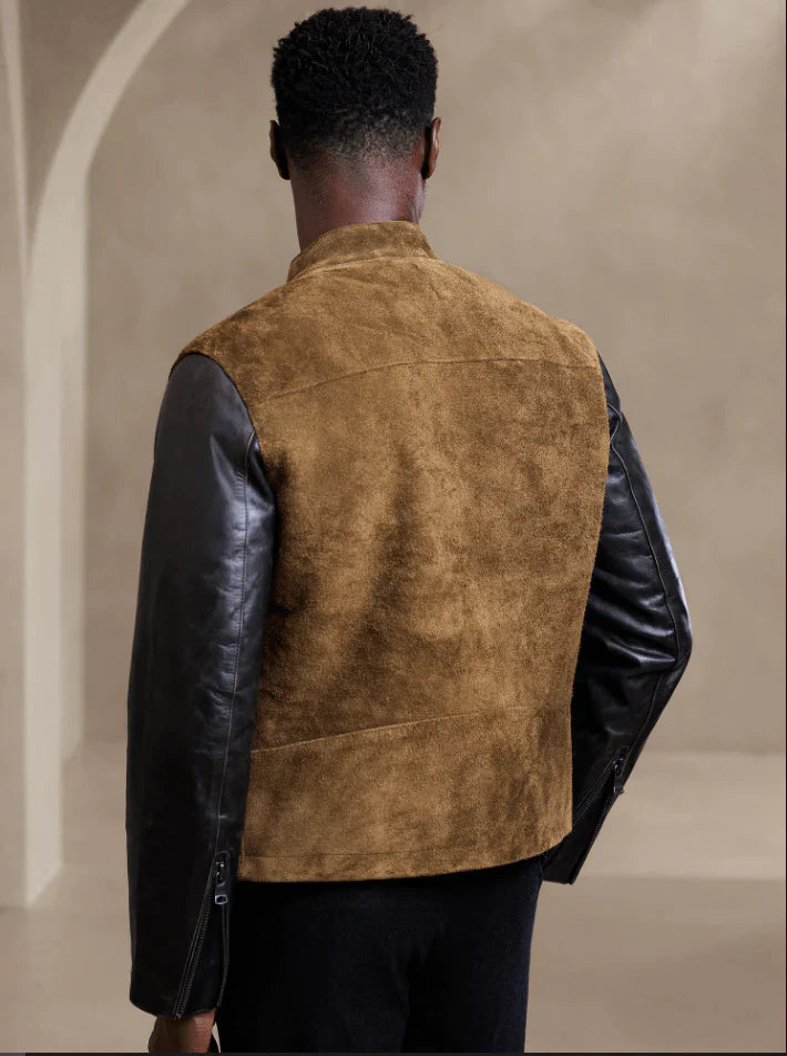 Men's Varsity Suede Motorcycle Leather Jacket in Brown