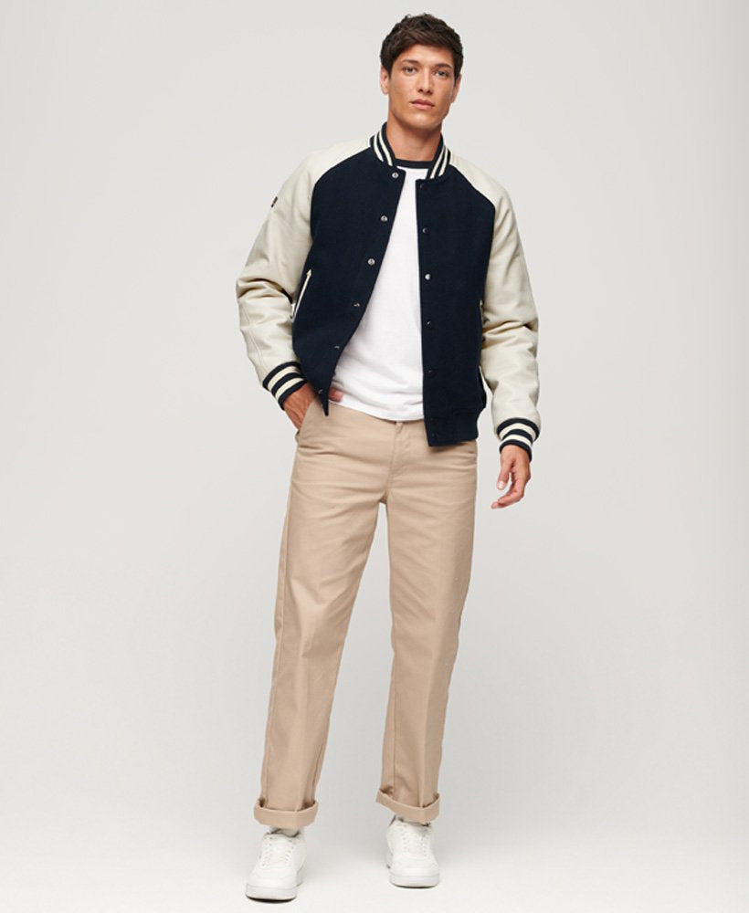 Men’s Black & White Varsity Leather Bomber Jacket – Classic Letterman Style