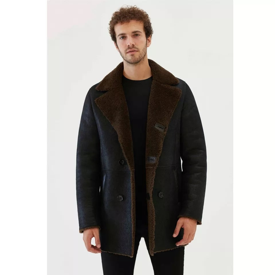 Men’s Black & Dark Brown Shearling Leather Coat – Luxurious Winter Wear