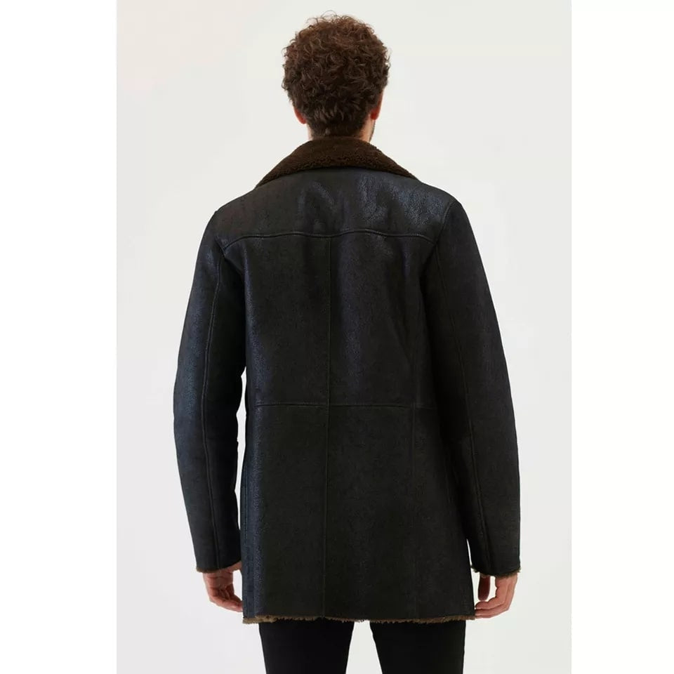 Men’s Black & Dark Brown Shearling Leather Coat – Luxurious Winter Wear