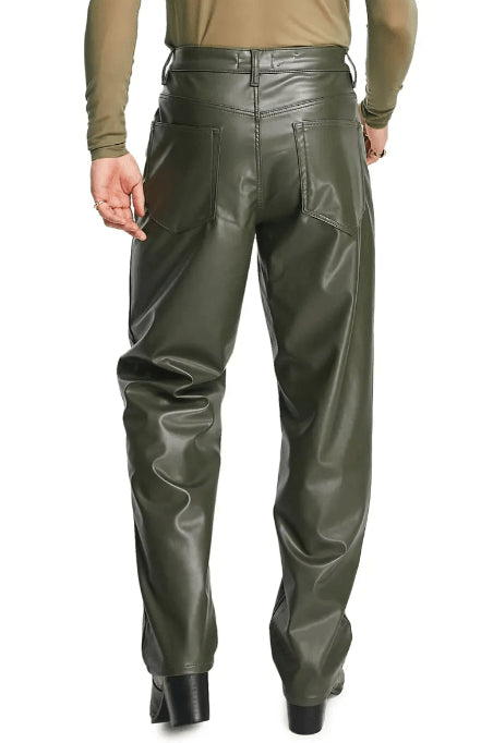Men's Khaki Leather Pants – Classic Fit