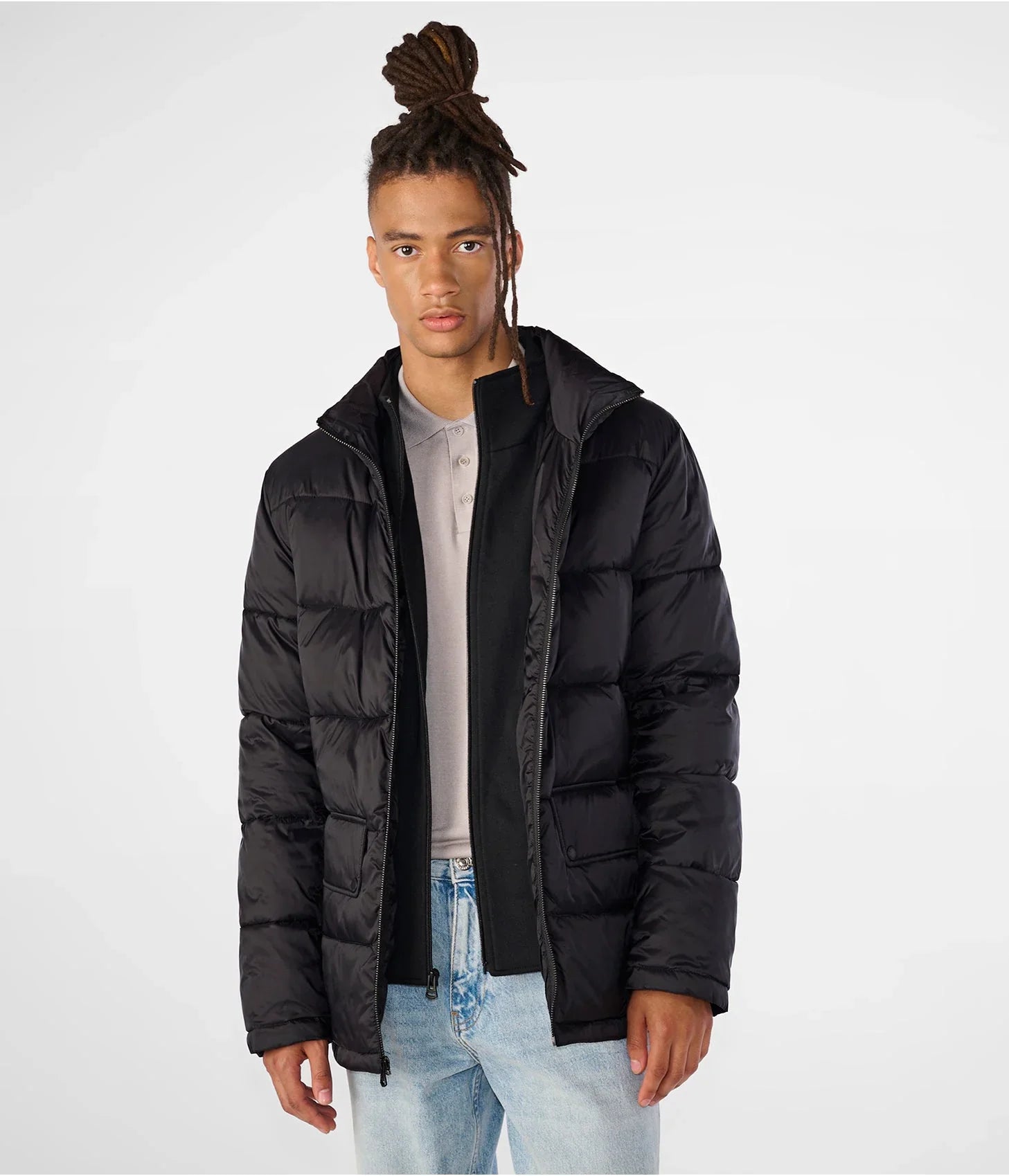 Men’s Black Puffer Jacket with Band Collar – Lightweight Winter Outerwear