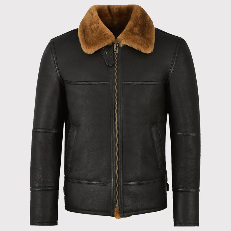 Classic Black Shearling Jacket for Men – Timeless Sheepskin Winter Coat