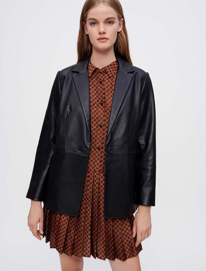 Elegant Women's Black Leather Blazer – Classic & Stylish Jacket