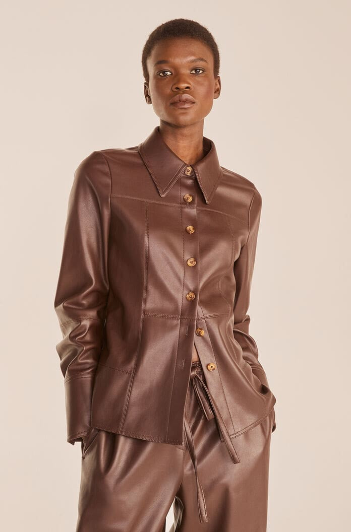 Chocolate Brown Leather Shirt for Women with Gold Buttons